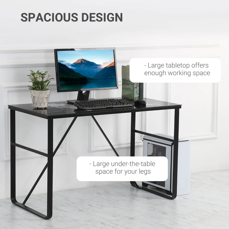 HOMCOM Computer Desk with World Map Printing Tempered Glass Top, Writing Desk for Home Office with Metal Frame, Black