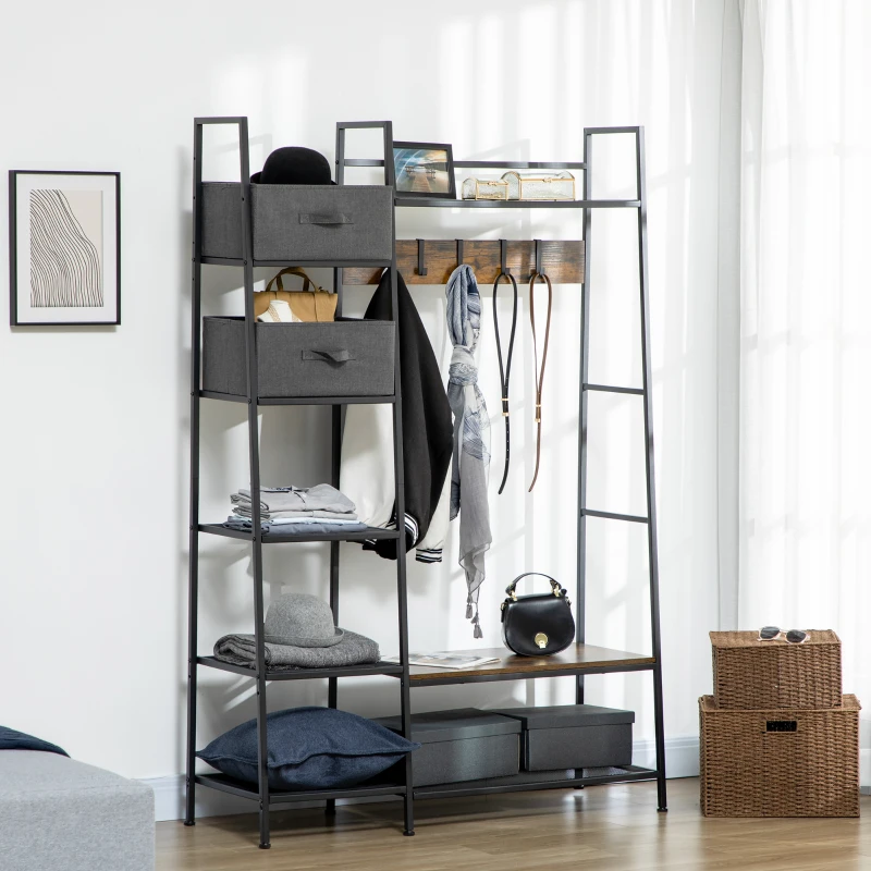 HOMCOM Industrial-Style Hall Tree, 8 Shelves, 5 Coat Hooks, 1 Shoe Bench, 2 Drawers, Gray + Brown