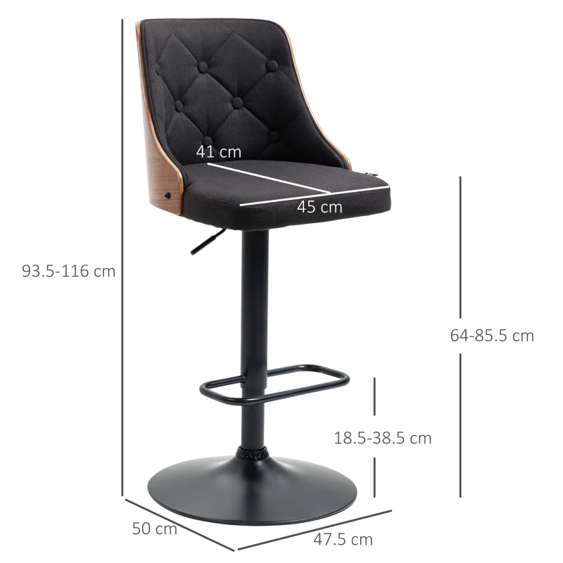 HOMCOM Set de 2 scaune de bar cu inaltime reglabila, scaune de bar pivotante cu inaltime reglabila, cu suport pentru picioare, scaune de bar din tesatura de in, negru(m-3)