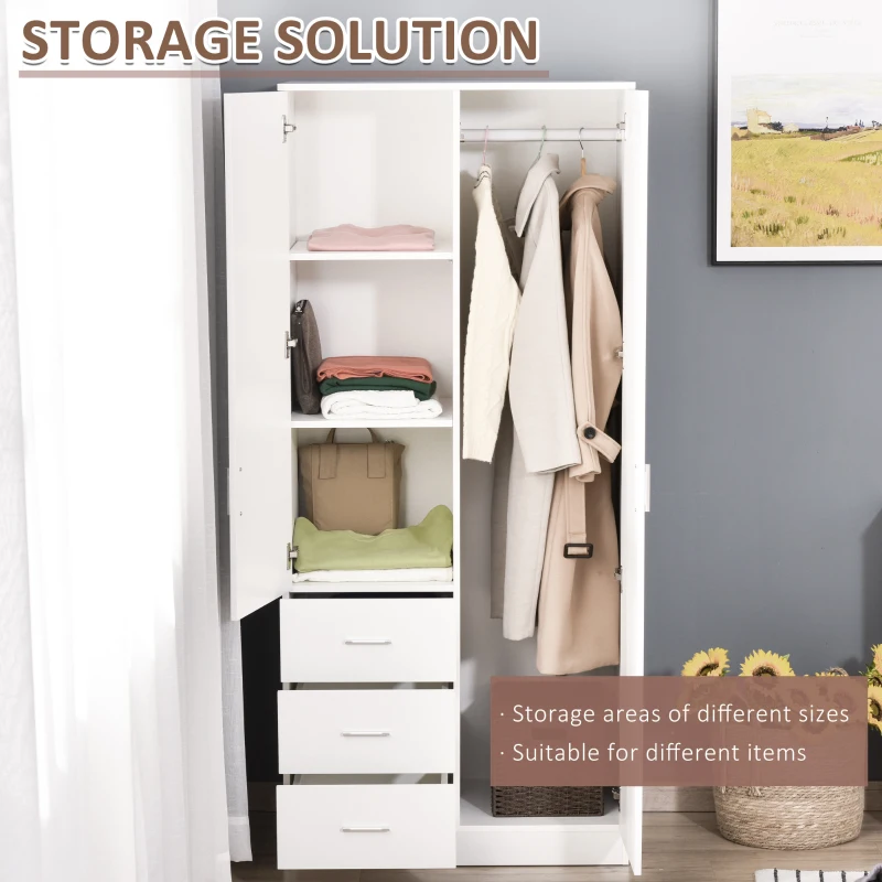 HOMCOM 2-Door Wardrobe w/ Adjustable Shelf 3 Drawers Mirror Home Storage, 180cm, White