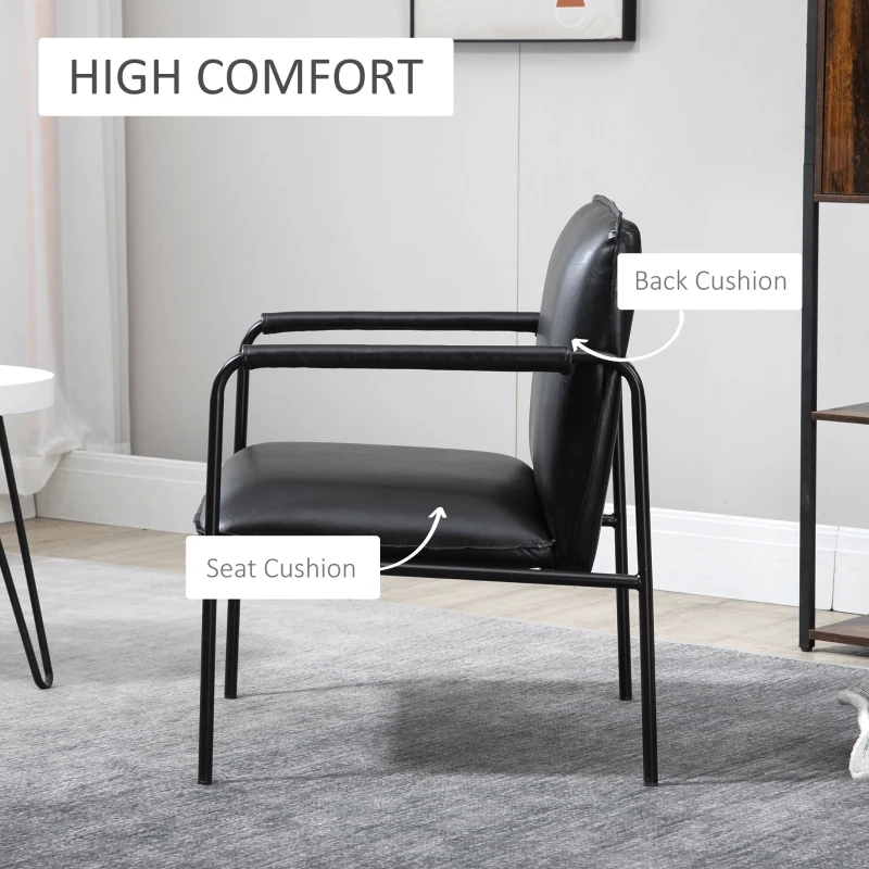 HOMCOM Scaun industrial cu perna, fotoliu din piele artificiala pentru dormitor, scaun de living cu brate infasurate si picioare din otel, negru