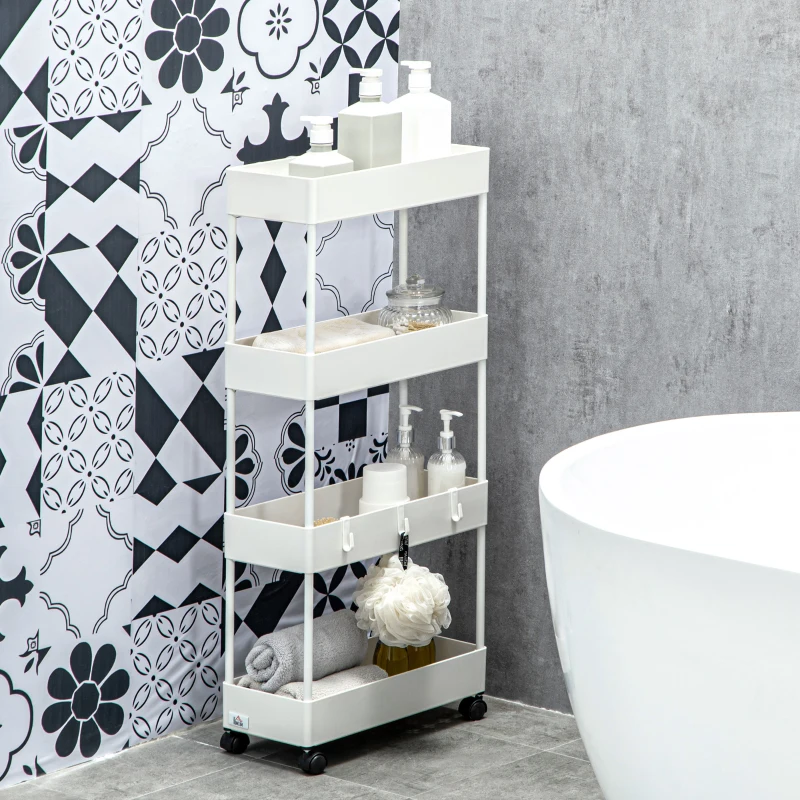 HOMCOM Kitchen Trolley with 4 Shelves, 4 Flexible Hooks, 4 Wheels, 40 cm x 19 cm x 90 cm, Niche Trolley, White