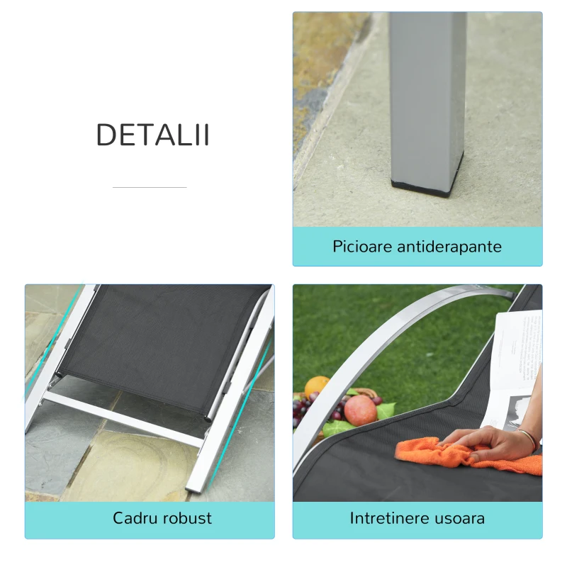 Outsunny Set 2 Sezlonguri de Gradina si 1 Masuta cu Raft din Sticla Negru