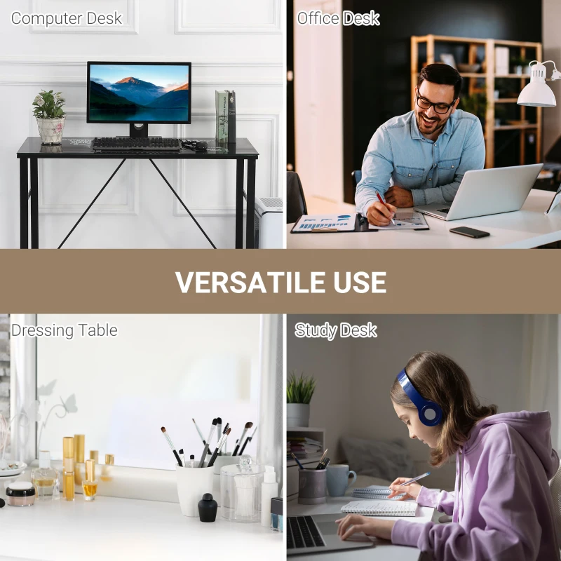 HOMCOM Computer Desk with World Map Printing Tempered Glass Top, Writing Desk for Home Office with Metal Frame, Black