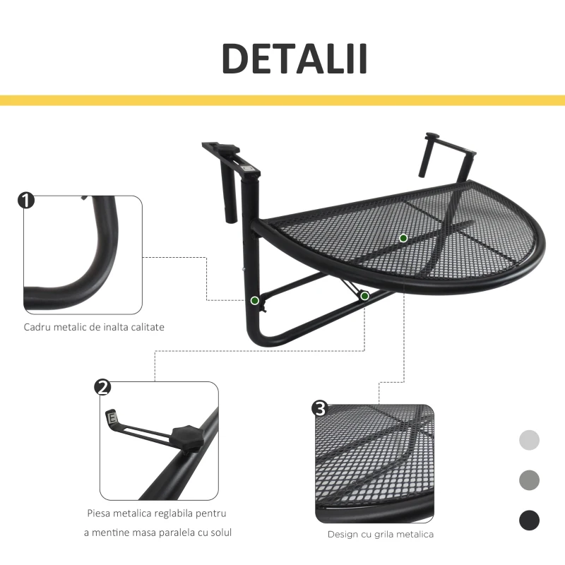 Outsunny Masuta Suspendata Balcon Reglabila in inaltime, Fier Negru, 60x45x50 cm