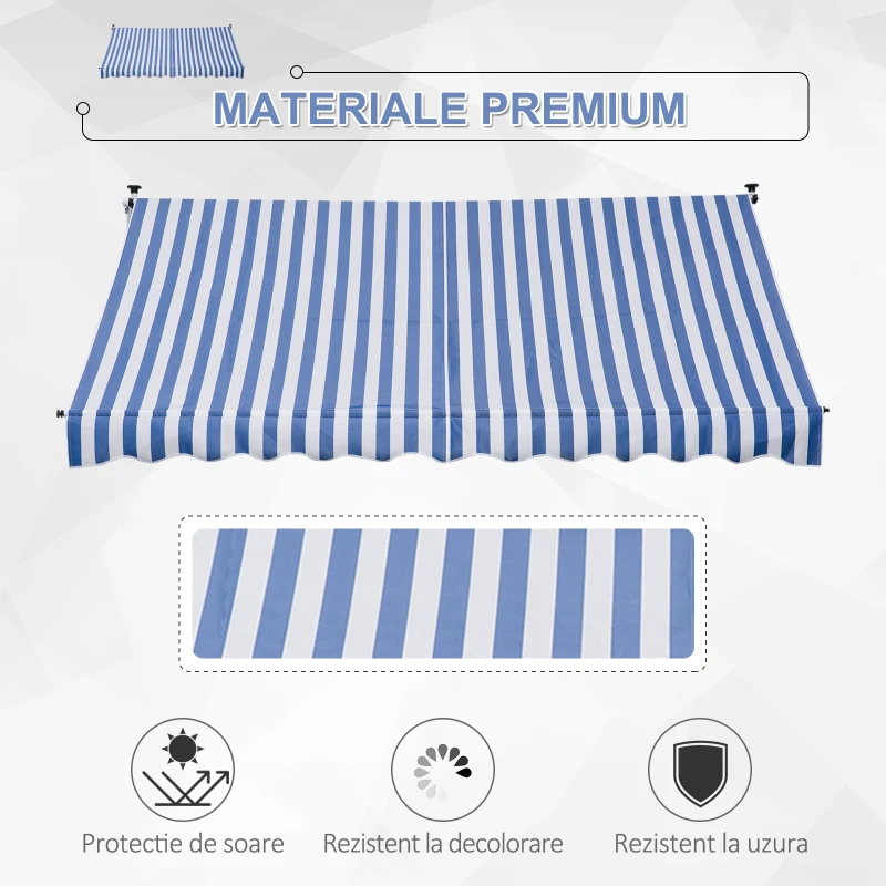 Outsunny Copertina de Soare cu Brate si Manivela, Structura Telescopica din Metal si Parasolar din Poliester 300x150cm Albastru si Alb