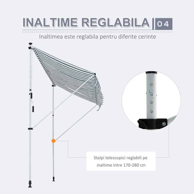 Outsunny Copertina de Soare cu Brate si Manivela, Structura Telescopica din Metal si Parasolar din Poliester 300x150cm, alb și verde