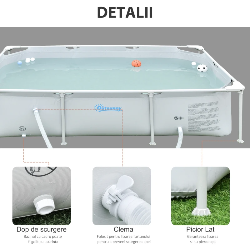 Outsunny Piscina Autoportanta Rectangulara 252×152 cm – Rigida cu Filtru, Gri