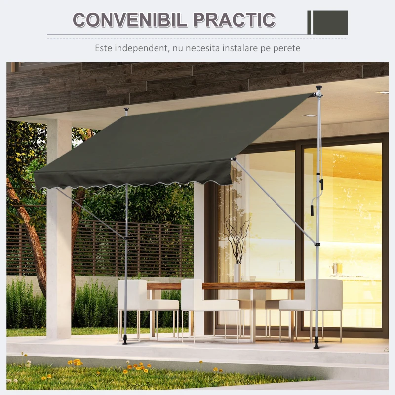 Outsunny Copertina de Soare cu Brate si Manivela, Structura Telescopica din Metal si Parasolar din Poliester 300x150cm, gri