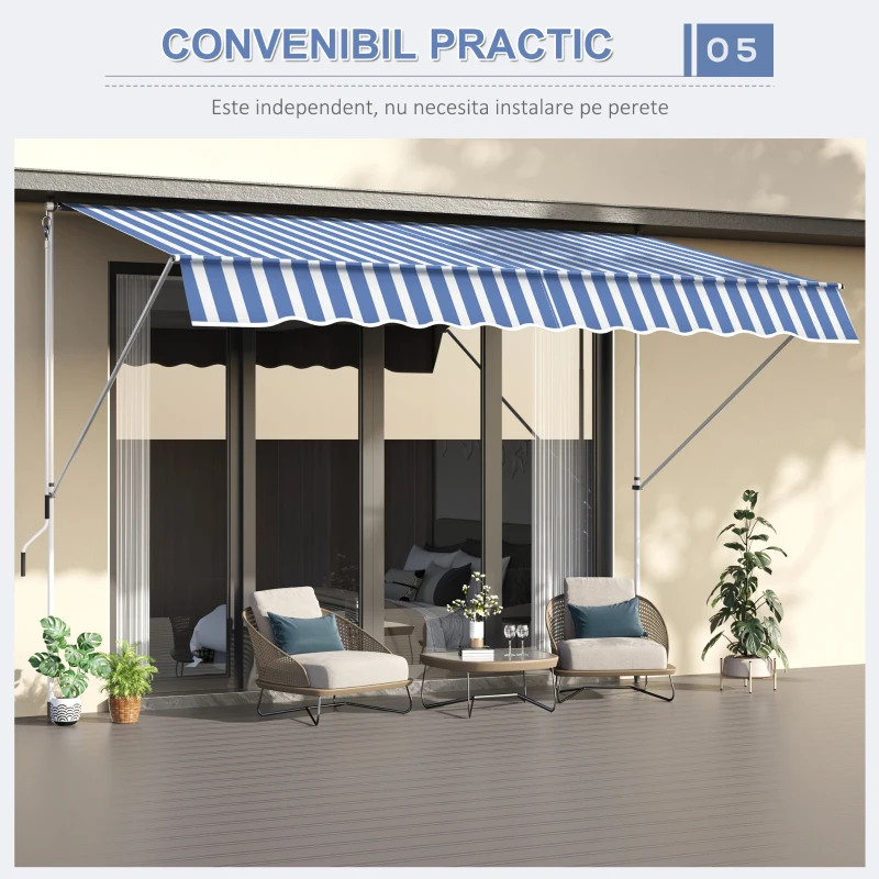 Outsunny Copertina de Soare cu Brate si Manivela, Structura Telescopica din Metal si Parasolar din Poliester 300x150cm Albastru si Alb