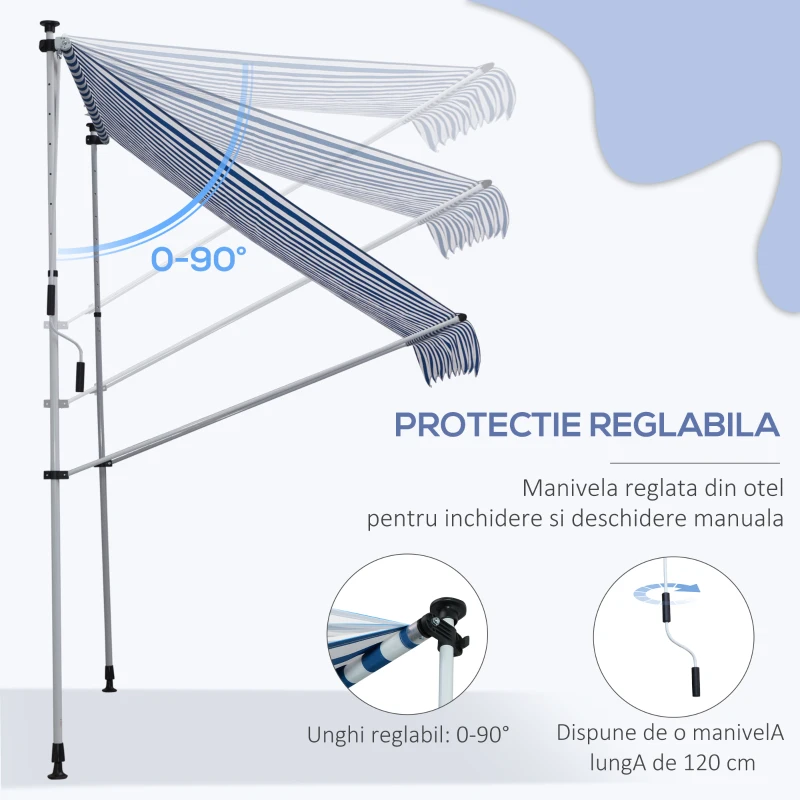 Outsunny Copertina pentru soare pentru exterior tip rulou cu manivela, inaltime si unghi reglabil, 200x150cm, albastru