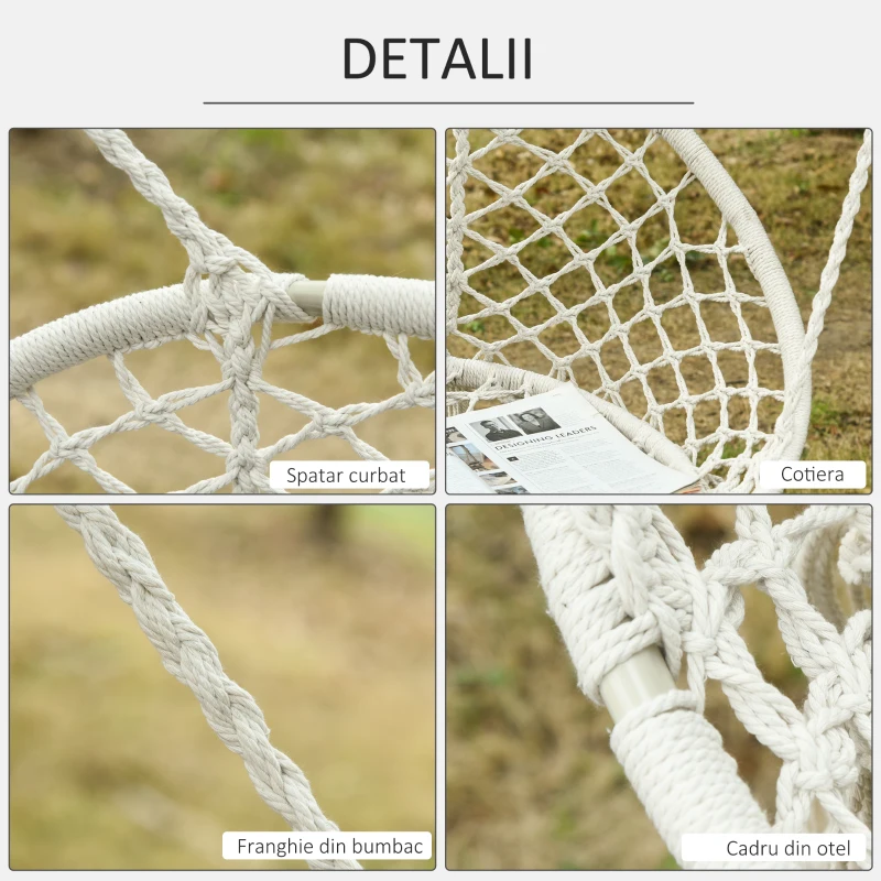 Outsunny Hamac Balansoar pentru Gradina si Casa cu 2 Locuri din Macramé Alb Crem, Fără Pernă