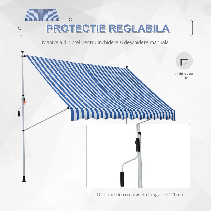 Outsunny Copertina de Soare cu Brate si Manivela, Structura Telescopica din Metal si Parasolar din Poliester 300x150cm Albastru si Alb