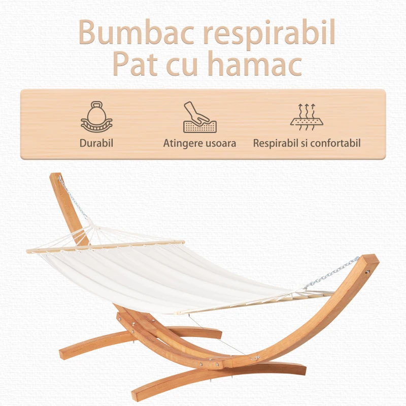Hamac Outsunny cu Suport din Lemn si Bumbac, Hamac de Gradina pentru alte Spatii Exterioare, 392x120x102cm, Alb