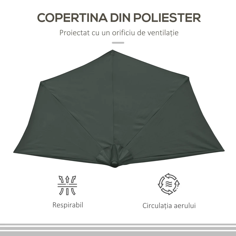 Outsunny Umbrela Semicirculara de Perete pentru Gradina cu Deschidere cu Manivela din Poliester, Gri 269x138x236cm