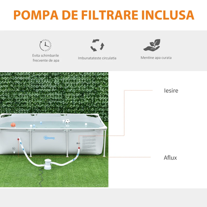 Outsunny Piscina Autoportanta Rectangulara 252×152 cm – Rigida cu Filtru, Gri
