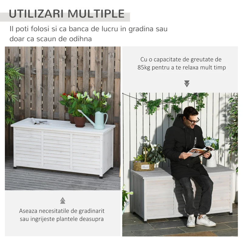 Outsunny Banca Gradina 127×56×60 cm – Lemn Alb cu Spatiu Depozitare
