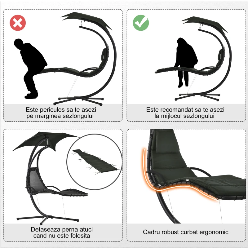 Outsunny Sezlong Suspendat Relax Chaise Longue de Lux cu Acoperis, Gri 190L×115L×190Hcm