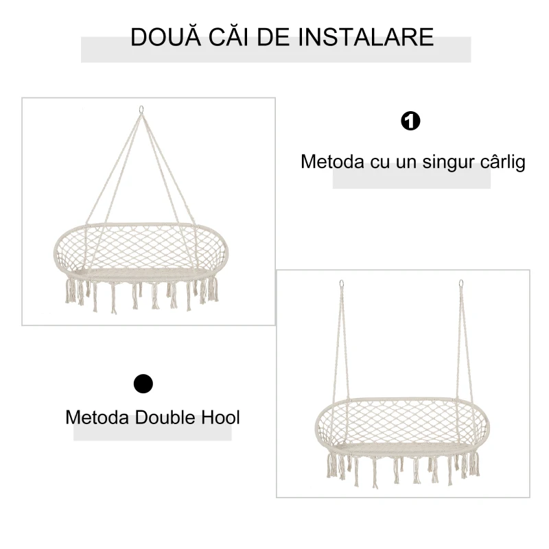 Outsunny Hamac Balansoar pentru Gradina si Casa cu 2 Locuri din Macramé Alb Crem, Fără Pernă