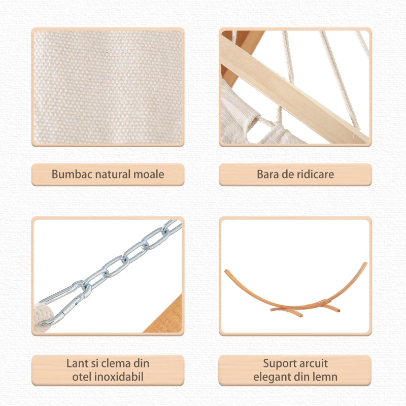 Hamac Outsunny cu Suport din Lemn si Bumbac, Hamac de Gradina pentru alte Spatii Exterioare, 392x120x102cm, Alb