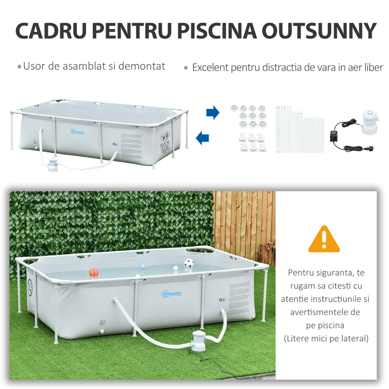 Outsunny Piscina Autoportanta Rectangulara 252×152 cm – Rigida cu Filtru, Gri