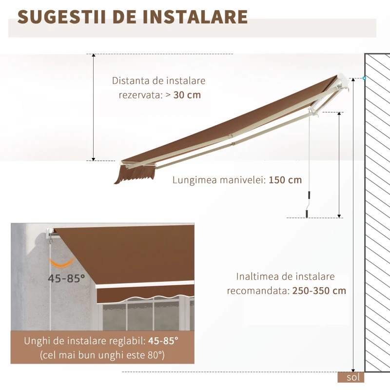 Outsunny Copertina de Soare pentru Exterior care se Ruleaza cu Manivela din Metal si Aluminiu, 395x245cm, Rosu Ruginiu