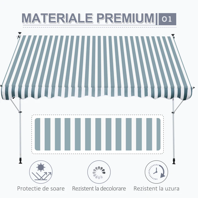 Outsunny Copertina de Soare cu Brate si Manivela, Structura Telescopica din Metal si Parasolar din Poliester 300x150cm, alb și verde