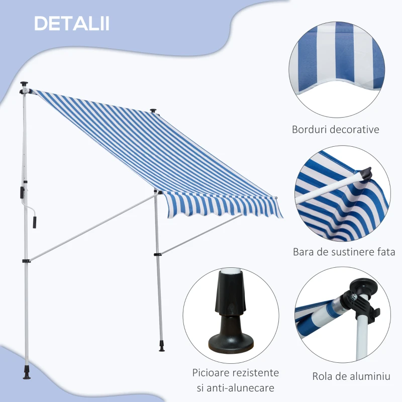 Outsunny Copertina pentru soare pentru exterior tip rulou cu manivela, inaltime si unghi reglabil, 200x150cm, albastru