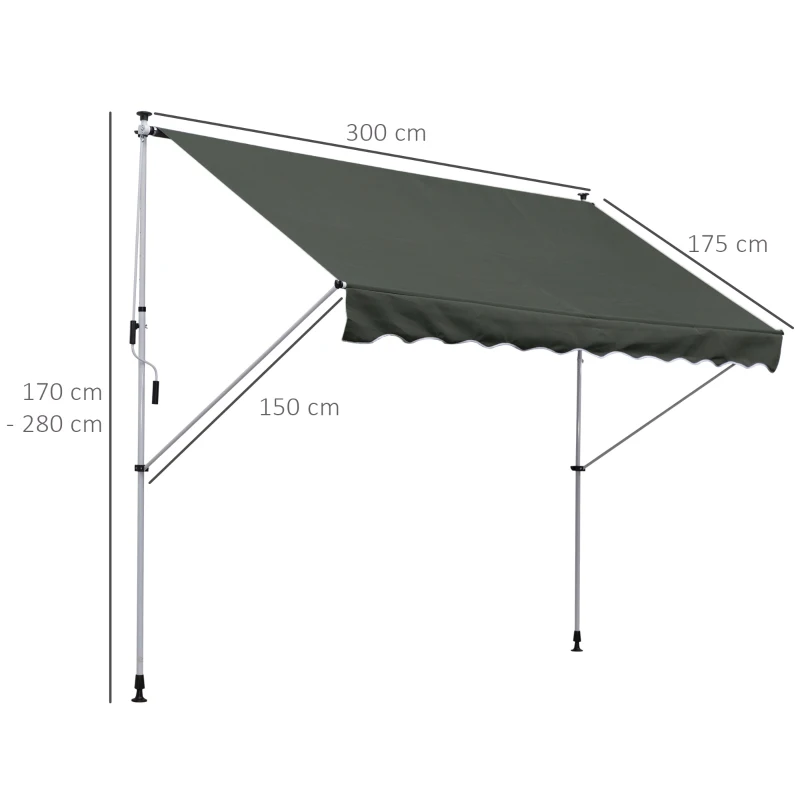 Outsunny Copertina de Soare cu Brate si Manivela, Structura Telescopica din Metal si Parasolar din Poliester 300x150cm, gri