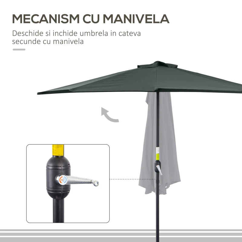 Outsunny Umbrela Semicirculara de Perete pentru Gradina cu Deschidere cu Manivela din Poliester, Gri 269x138x236cm