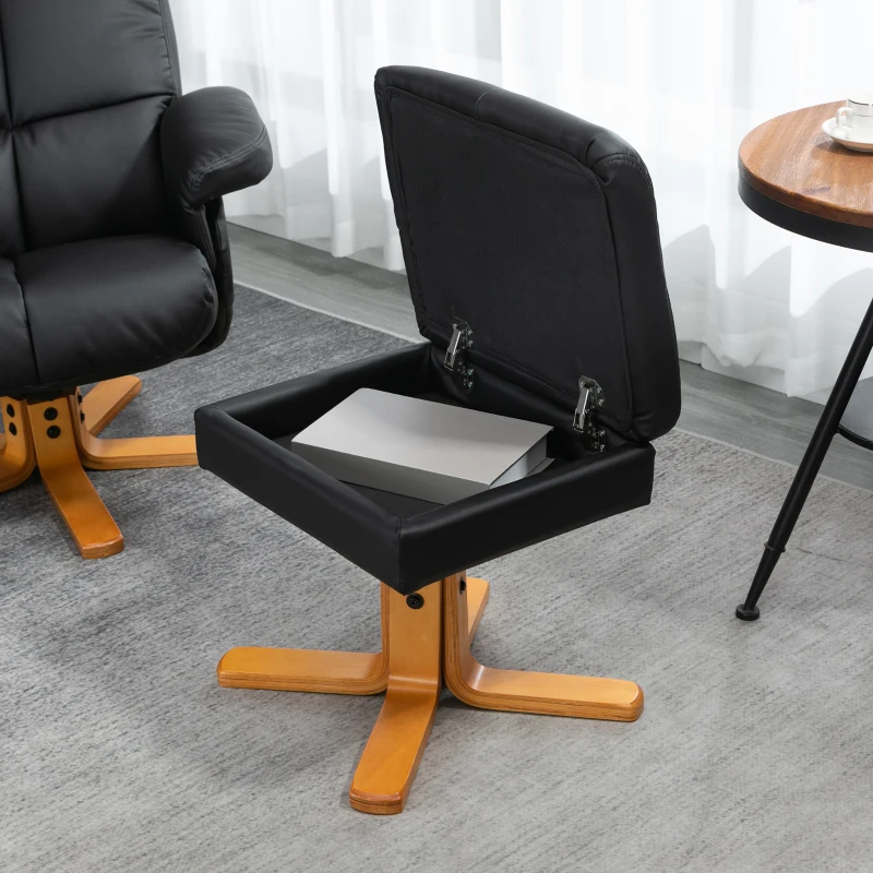 HOMCOM Recliner Armchair, Swivel Reclining Chair With Ottoman, Swivel Faux Leather Chair with Wooden Base and Storage Footstool for Living Room, Black(m-9)