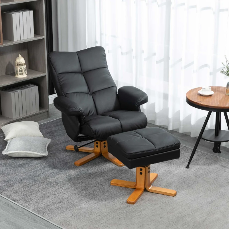 HOMCOM Recliner Armchair, Swivel Reclining Chair With Ottoman, Swivel Faux Leather Chair with Wooden Base and Storage Footstool for Living Room, Black(m-10)