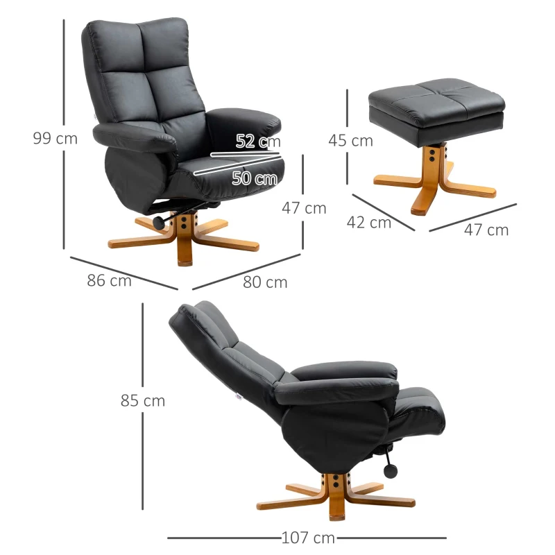 HOMCOM Recliner Armchair, Swivel Reclining Chair With Ottoman, Swivel Faux Leather Chair with Wooden Base and Storage Footstool for Living Room, Black(m-3)