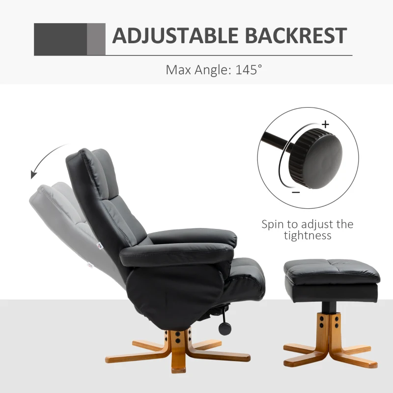 HOMCOM Recliner Armchair, Swivel Reclining Chair With Ottoman, Swivel Faux Leather Chair with Wooden Base and Storage Footstool for Living Room, Black(m-4)