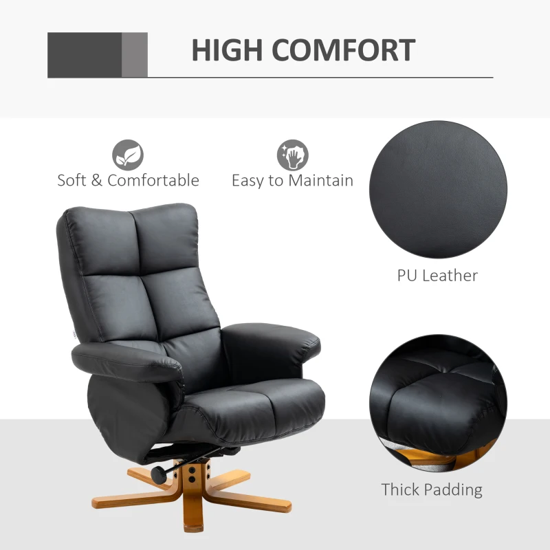 HOMCOM Recliner Armchair, Swivel Reclining Chair With Ottoman, Swivel Faux Leather Chair with Wooden Base and Storage Footstool for Living Room, Black(m-6)