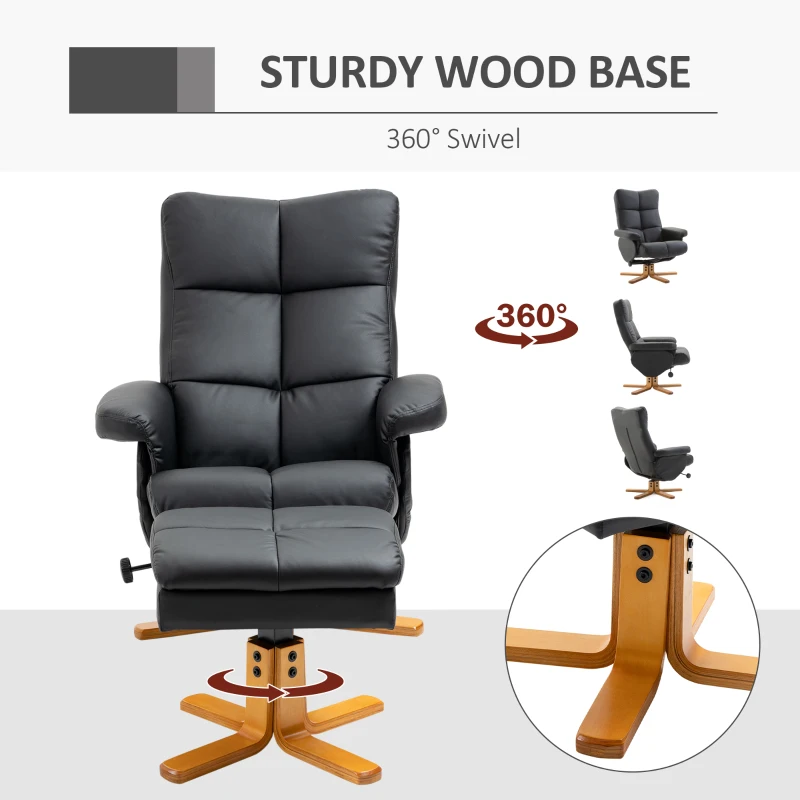 HOMCOM Recliner Armchair, Swivel Reclining Chair With Ottoman, Swivel Faux Leather Chair with Wooden Base and Storage Footstool for Living Room, Black(m-7)