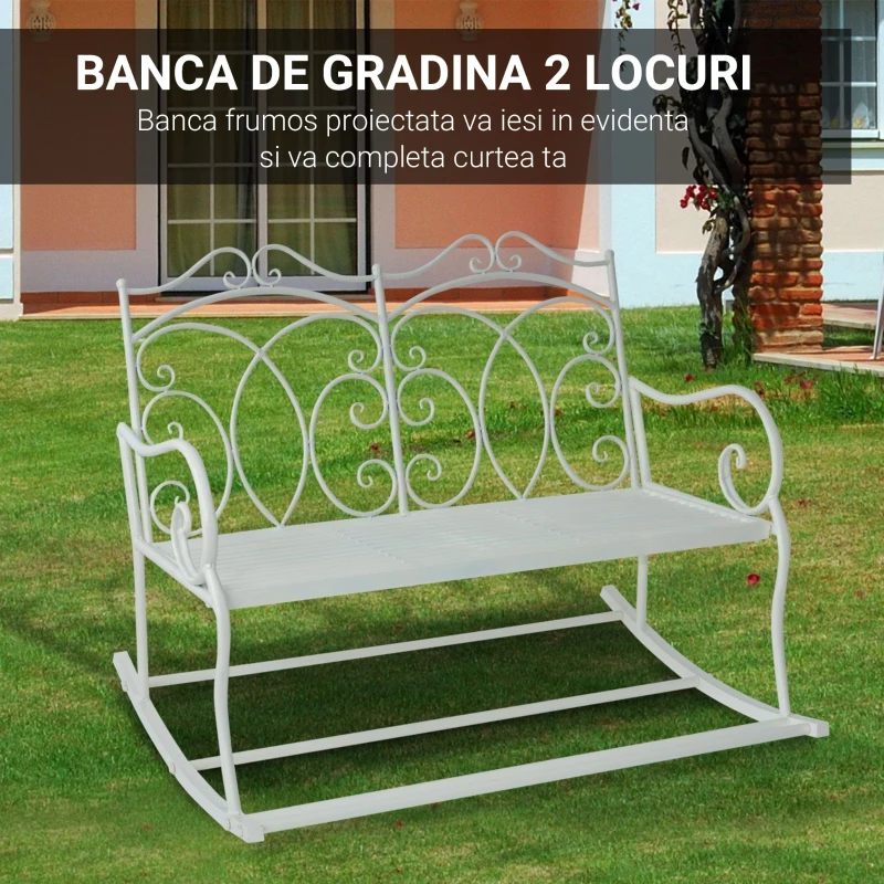 Outsunny Balansoar de Grădină din Fier, stil Shabby din Fier, Alb, 103x74.5x88cm