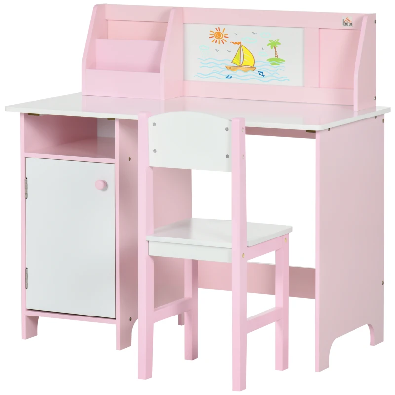 HOMCOM Kids Desk And Chair Set 2 PCs Childrens Table And Chair Set Multi Use Toddler Furniture with Whiteboard, Storage - Pink