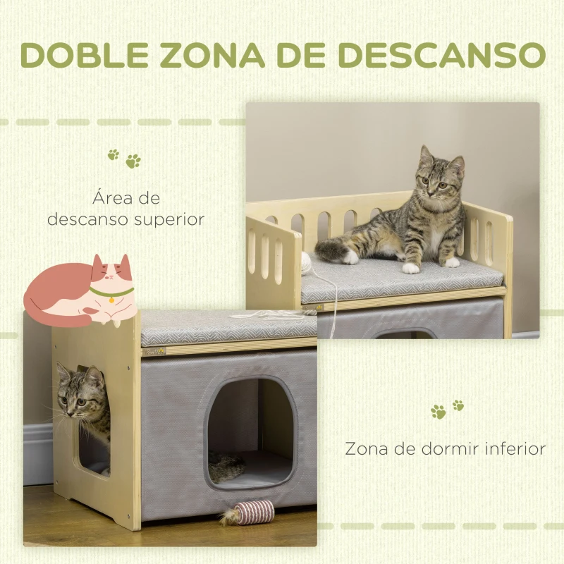 PawHut Cama para Gatos de Madera con Cueva para Gatos 2 Cojines y Cubierta de Tela Oxford Extraíble 48x38x47 cm Natural