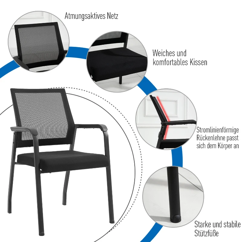 Vinsetto Besprechungsstuhl, Konferenzstuhl, Besucherstuhl, 2er Set Ergonomischer Bürostuhl mit Fußmatten, Wartezimmerstuhl, stapelbar, Netz Bezug, Schwarz, 58 x 58 x 88 cm