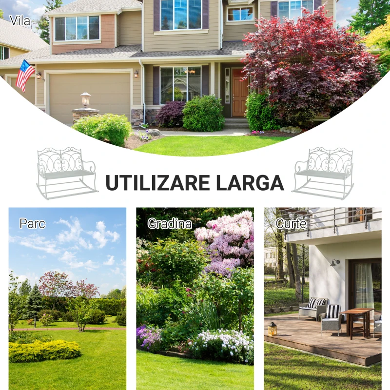 Outsunny Balansoar de Grădină din Fier, stil Shabby din Fier, Alb, 103x74.5x88cm