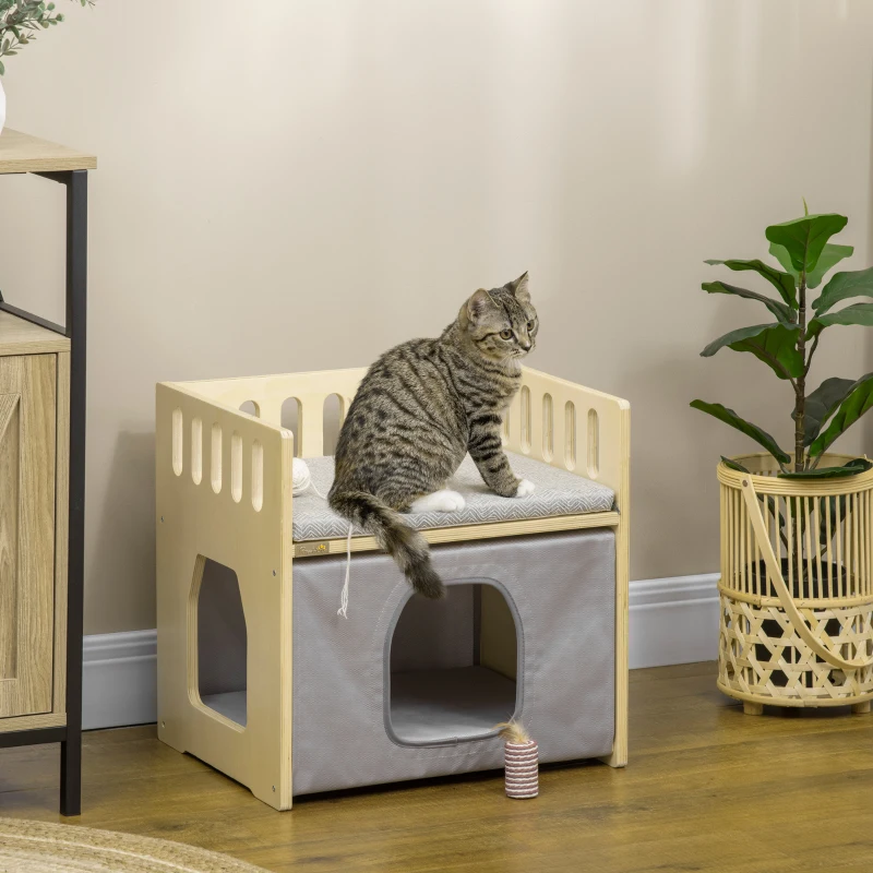 PawHut Cama para Gatos de Madera con Cueva para Gatos 2 Cojines y Cubierta de Tela Oxford Extraíble 48x38x47 cm Natural