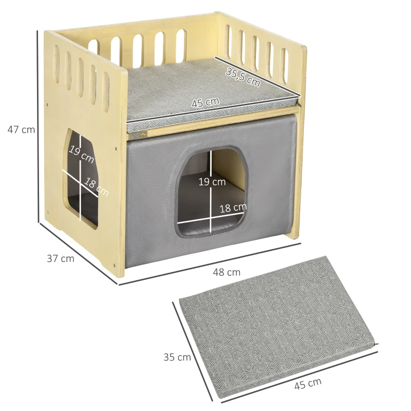 PawHut Cama para Gatos de Madera con Cueva para Gatos 2 Cojines y Cubierta de Tela Oxford Extraíble 48x38x47 cm Natural