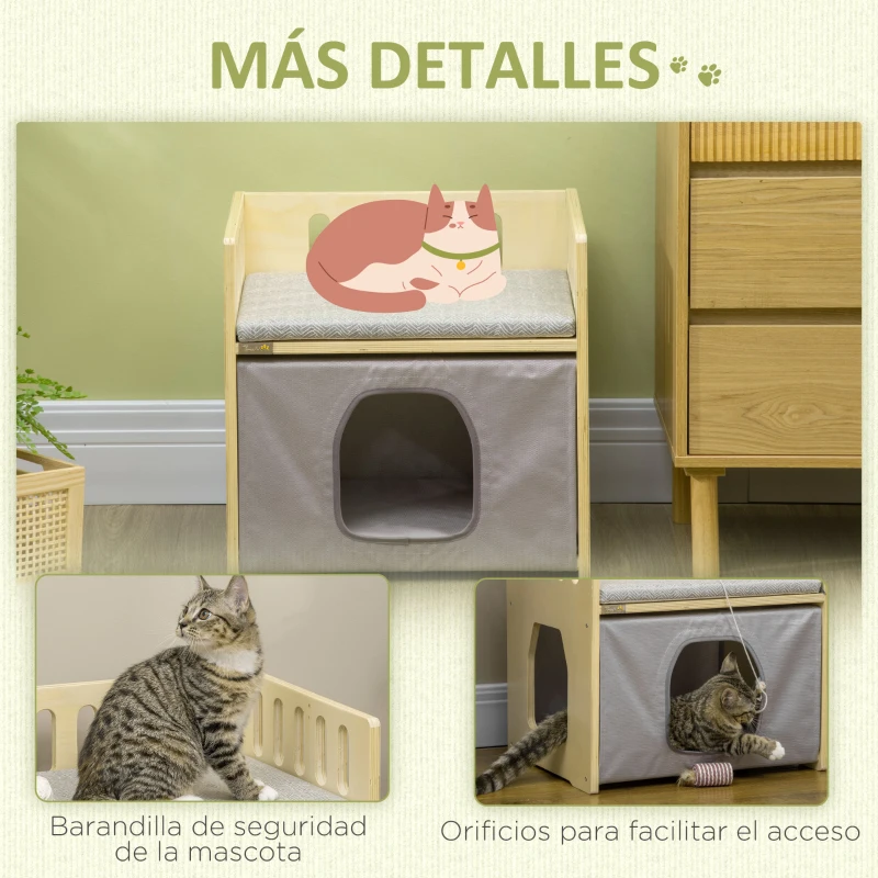 PawHut Cama para Gatos de Madera con Cueva para Gatos 2 Cojines y Cubierta de Tela Oxford Extraíble 48x38x47 cm Natural