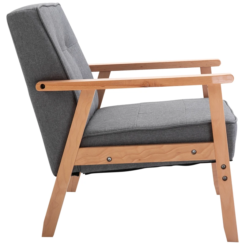 HOMCOM® eenpersoonsbank loungestoel gepolsterde stoel met armleuningen houten frame linnen grijs 64,5 x 70 x 70 cm