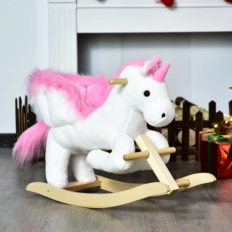 HOMCOM hobbeldier hobbelpaard kinderen schommel magisch eenhoorn design met muziek voor kinderen voor 18-36 maanden baby pluche hout staal roze + wit 65 x 32 x 55 cm