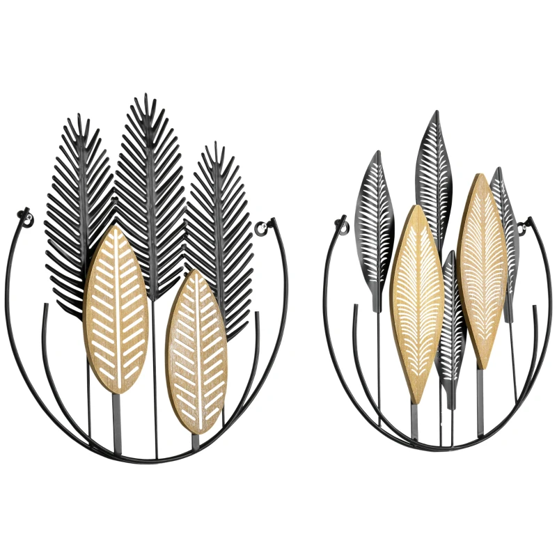 HOMCOM 3D Wall Pictures 2-Piece Set Modern Wall Decoration Metal Natural + Black