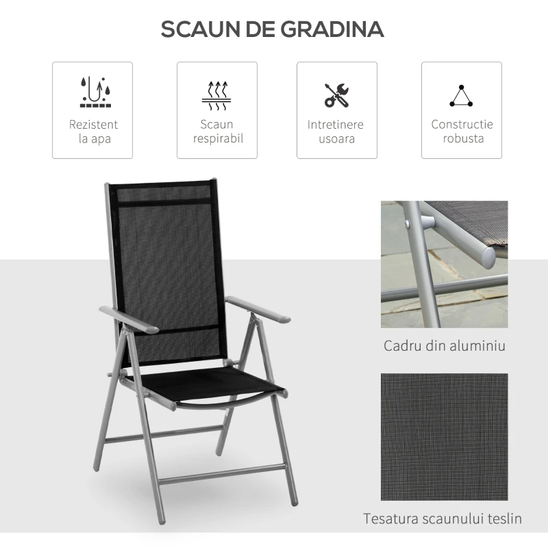 Outsunny Scaun de Gradina Pliabil cu Spatar Reglabil din Aluminiu, Negru 65x55x107cm