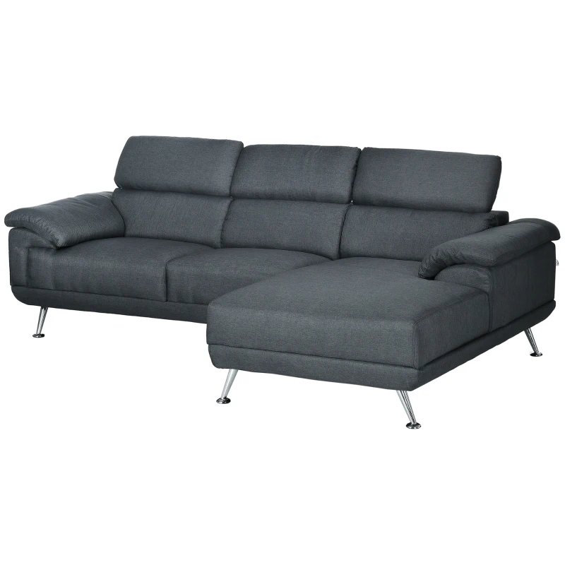 HOMCOM Canapea de colt pentru camera de zi, canapea in forma de L din material textil cu tetiera reglabila, canapea cu 3 locuri, gri inchis(m-11)