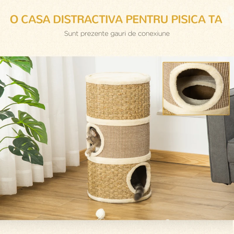 PawHut Casuta Pat pentru Pisici Stalp de zgariere sub forma de Turn 3 Nise Franghie Sisal Alga Marina
